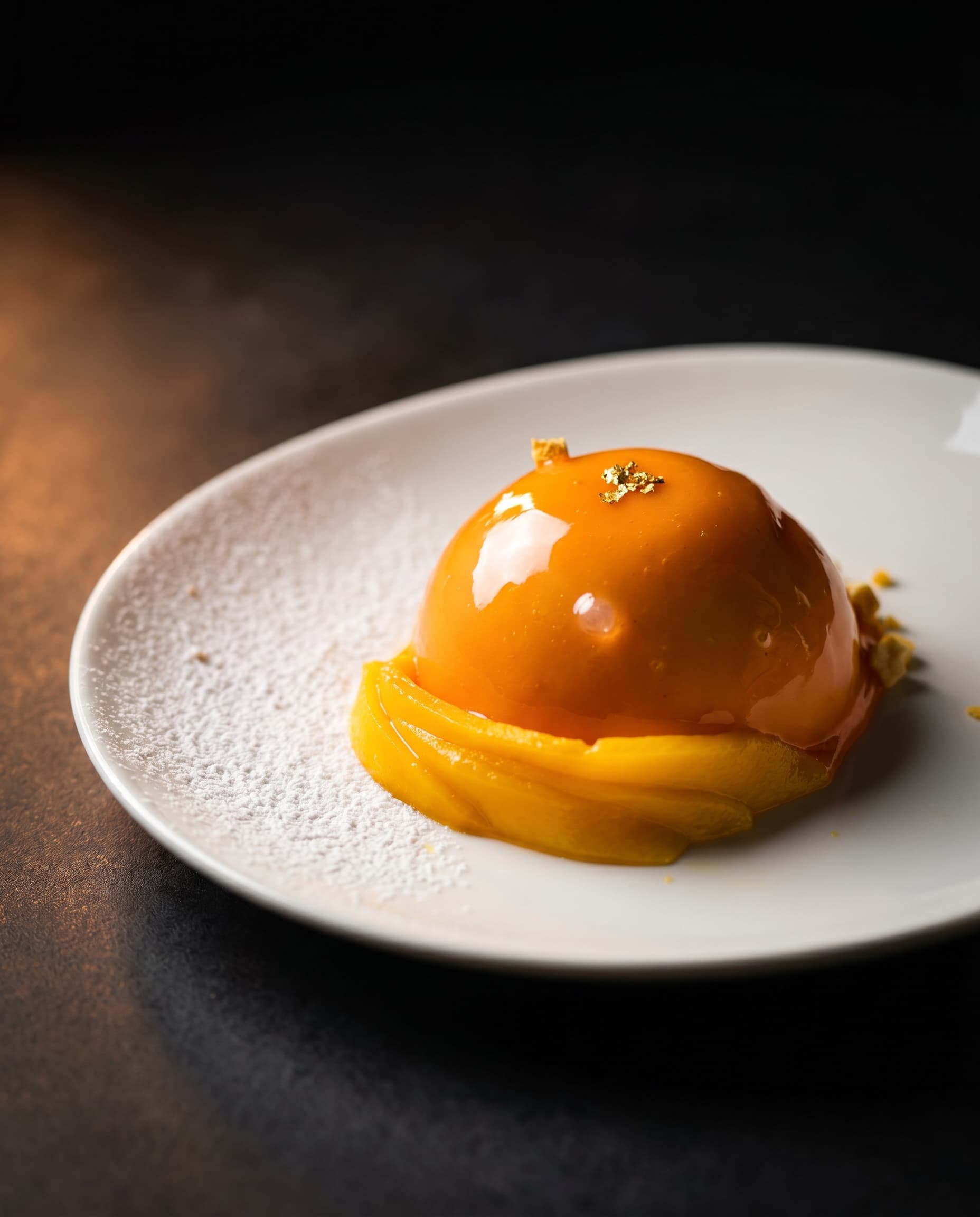 Cupola di semifreddo al mango con glassa a specchio e foglia d'oro